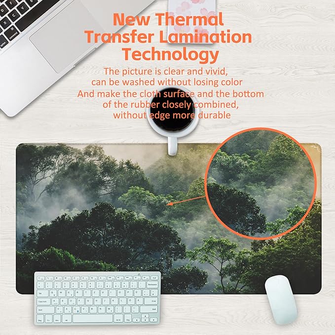 Desk Mat, Tropical Forest Landscape Desk Pad, Misty Forest Large Gaming Mouse Pad for Desk, 31.5"x15.7" Extended Big Computer Keyboard Mouse Pad with Non-Slip Base and Stitched Edge