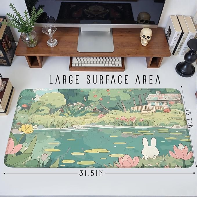 Cute Kawaii Bunny Anime Green Plant Desk Mat Large Mouse Pad Gaming Desk Pad Accessories for Women Office Decor Long Laptop Keyboard Mouse Mat