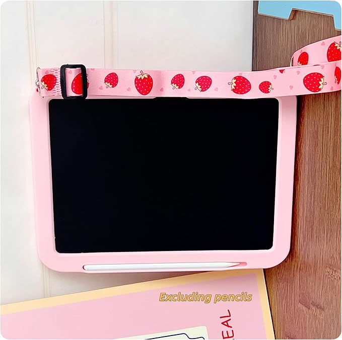 iPad 10th/11th Generation A16 Case Kids - 11 inch Soft Silicone Shockproof Cover with Pencil Holder,Adjustable Shoulder Strap & Stand for School,Cute Bear Strawberry Gift for Teen Girls