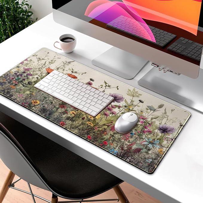 Watercolor Flowers Desk Mat Floral Boho XL Mouse Pad Large Mousepad Extended Vintage Aesthetic Laptop Keyboard Mat Cute Gaming Desk Pad 31.5"x11.8" Office Decor for Women