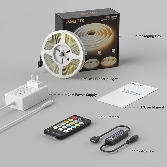 PAUTIX COB LED Strip Lights 2700K-6500K CCT Tunable White UL-Listed Dotless LED Lights with RF Remote,16.4ft Super Bright Dimmable 24V Tape Light,for Under Cabinets Bedroom Kitchen Office Lighting