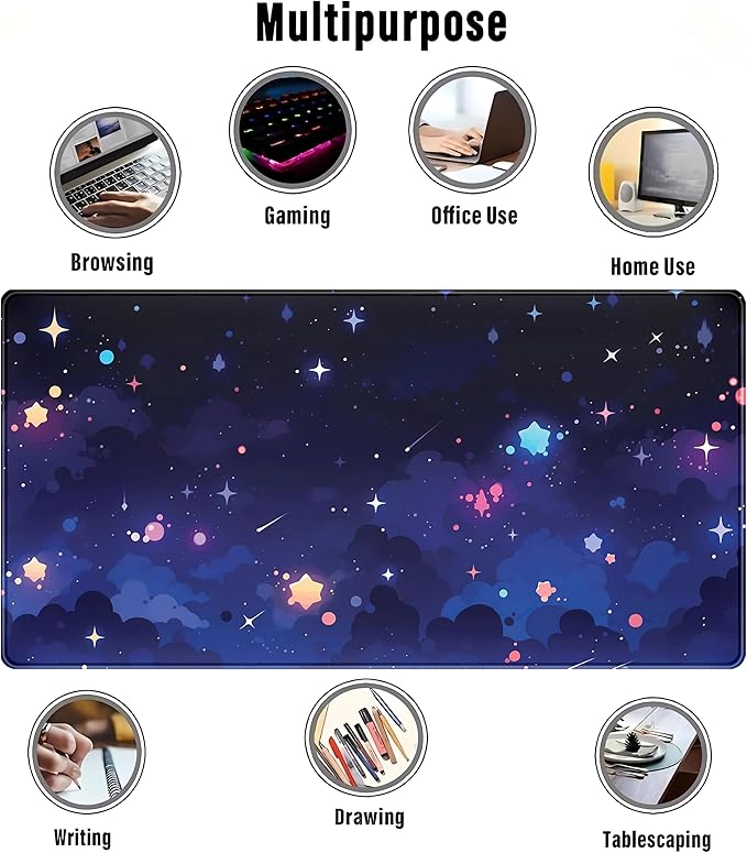 Blue Stars Desk Mat Cute Cloud Desk Pad, Aesthetic Starry Sky Mouse Mat Gaming Mousepad XXL, Extra Large Deskktop Mats for Keyboard and Mouse, Computer Laptop Mat Kawaii Desk Decor 31.5"x15.75"