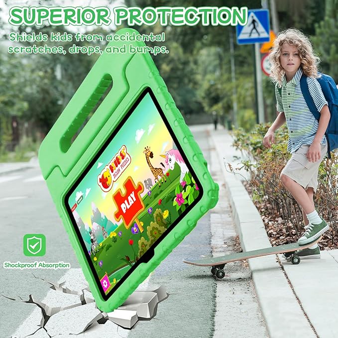 Kids Case for iPad A16 11th (2025)/iPad 10th Gen (2022) with Pencil Holder & Handle Stand, Super Protection EVA Toddler-Friendly Cover for iPad 11"(A16)/10th Generation 10.9"-Green