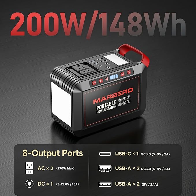 MARBERO 200W Portable Power Station 148Wh Camping Solar Generator Laptop Power Bank with AC Outlet 110V, DC, USB QC3.0, LED Flashlights for CPAP Home Outdoor Trip Emergency Backup