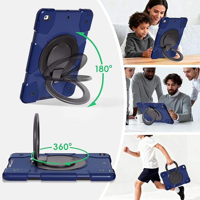 Andnary Case for iPad 9th/8th/7th Generation 10.2 inch, Shockproof Cover with Screen Protector/360° Rotate Stand/Pencil Holder/Shoulder Strap, Kids Case for iPad 2021/2020/2019 (Navy+Black)