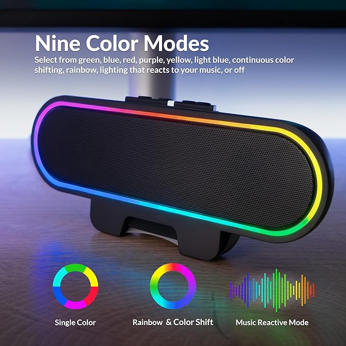 Cyber Acoustics USB Speaker Bar with LED Lights (CA-2890GX) – USB Powered Speaker Bar for PC and Mac, Dynamic LED Lights Sync to Music, Clamps to Monitors up to 1.5 Inches, Great for Music and Gaming