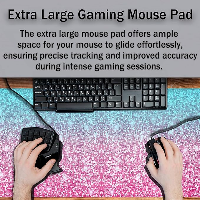 Gaming Mouse Pad Office Desk Mat, Extra Large Pink Glitter Pad for Women, Waterproof Non-Slip Rubber Base, 35.4 X 15.7 in for Work/Game/Office