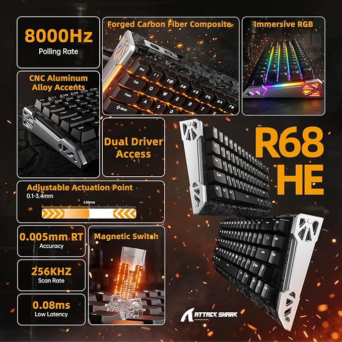 ATTACK SHARK R68HE 60% Wired Rapid Trigger 8K Mechanical RGB Gaming Keyboard with 0.005mm RT Accuracy,0.08ms Latency,256K Scan,Hall Effect Magnetic Switch,Carbon Fiber+CNC Aluminum Alloy for PC(Black)