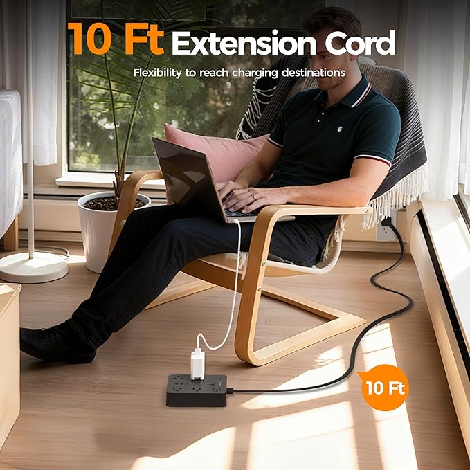 TESSAN 10Ft Black Extension Cord with Multiple Outlets, Surge Protector Power Strip with 6 Outlets and 3 USB Ports (1 USB C), 1700 Joules Protection, Flat Plug, Outlet Extender for Home, Office, Dorm