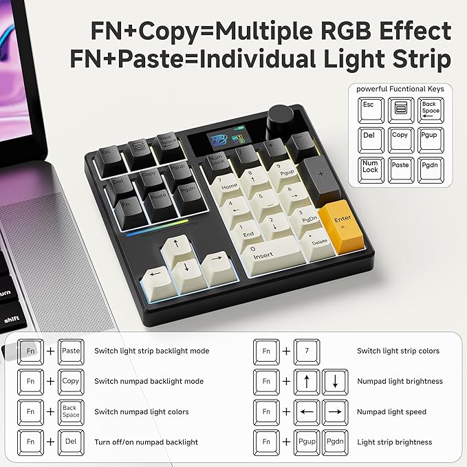 BOYI TD31Pro Mechanical Numpad,Mini Keyboard with Screen&Knob,Bluetooth5.0/2.4G/Type-C Wireless Numeric Keypad,Gasket HotSwap RGB Number Pad,PBT Keycaps Rechargeable Number keypad for PC(Black-Grey)