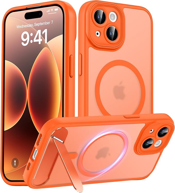 Magnetic Compatible with iPhone 15 Case, [Built-in Invisible Kickstand][Compatible with MagSafe][Full Camera Protection] Translucent Matte Phone Case for iPhone 15 6.1",Orange