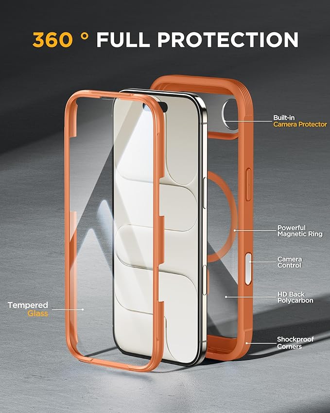 Miracase Magnetic for iPhone Air Case 6.5" [Compatible with MagSafe] Full-Body Phone Case with Built-in Glass Screen Protector & Camera Control,Drop Proof iPhone 17 Air Case Cover, Orange