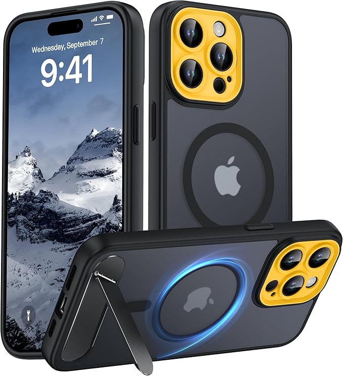 Magnetic Compatible with iPhone 15 Pro Max Case, [Built-in Kickstand][Full Camera Protection][Compatible with MagSafe][Anti-Fingerprint] Shockproof Phone Case for iPhone 15 Pro Max 6.7",Black & Yellow