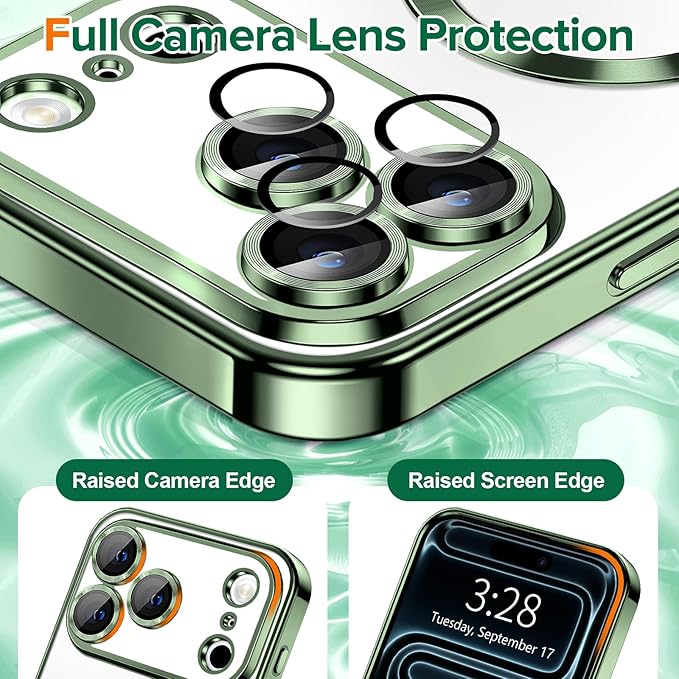 Hython Magnetic Clear for iPhone 17 Pro Case with Camera Lens Protector [Compatible with MagSafe] Luxury Plating Edge Slim Soft TPU Cover Protective Phone Case for iPhone 17 Pro 6.3", Deep Green