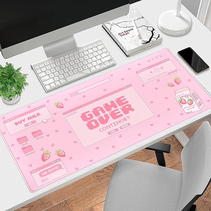 Pink Kawaii Anime Gaming Mouse Pad XXL, Strawberry Milk Mousepad Large, Aesthetic Laptop Keyboard Mats, Full Desk Mouse Mat for Women Girl 31.5X15.7 in