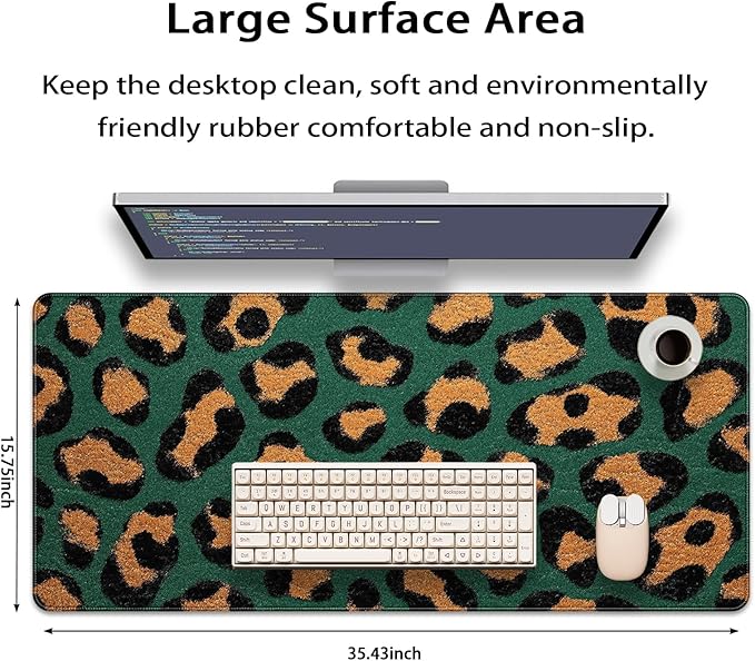35.4 x 15.7 in, XXL Large Mouse Pad for Desk, Extended Keyboard Mouse Mat for Computer Office, Big Mouse pad with Stitched Edges, Gaming Pc-Green Leopard