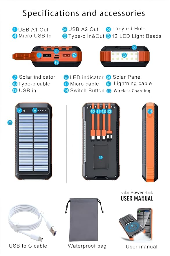 Solar Power Bank 49800mAh, Portable Charger with Built-in 4 Cables, 22.5W Fast Charging Solar Panel Charger for Traveling, Camping and Emergency(Black)