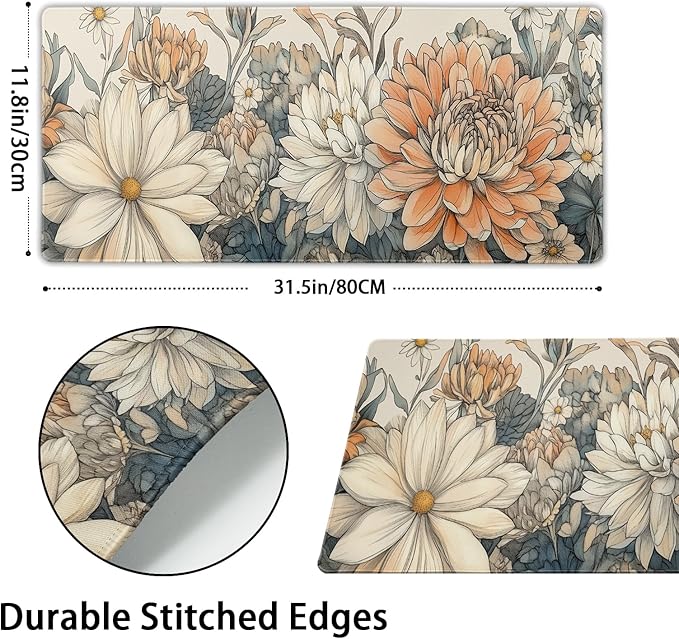 Japanese Minimalist Floral Desk Mat Watercolor Flowers XL Large Extended Gaming Mouse Pad 31.5x11.8 Inch Floral Laptop Computer Keyboard Mouse Mat Non-Silp with Stitched Edges for Home Office Work