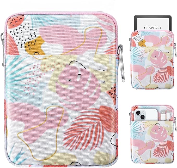 MoKo Padded Ereader Sleeve Case for 6-7 inch Tablet Bag, Compatible with 7" E-Reader Device, 6" Kobo Clara BW/Colour, 6" Nook Glowlight 4, Tropical Leaf