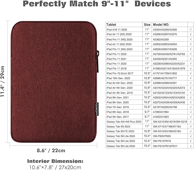 MoKo 9-11 Inch Tablet Sleeve Bag Carrying Case Fits New 11inch iPad Air M4, iPad A16 2025, iPad Pro 11 M4, Air 5/4/3, iPad 10/9/8th Gen, Tab S8/S9 11", Tablet Carrying Case, Wine Red