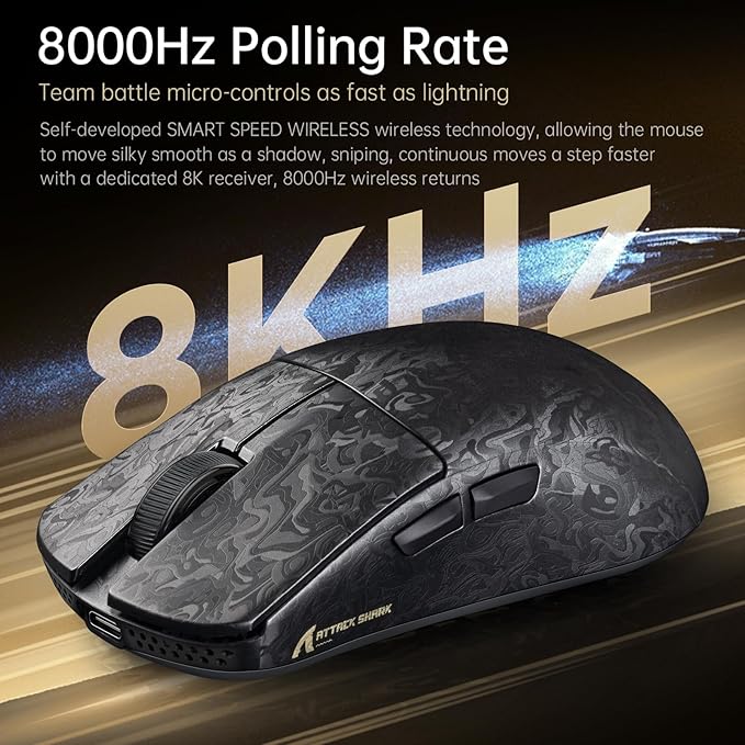 ATTACK SHARK R11 Ultra 8K Carbon Fiber Wireless Gaming Mouse with 42000DPI-PAW3950 MAX Sensor-49g Lightweight,Nordic 52840 MCU Chip,Wired/BT/2.4Ghz Programmable,RGB Coiled Cable for PC(Black Ink+Tape)