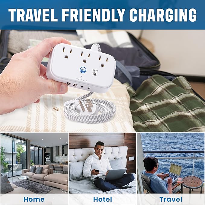 Cruise Approved Power Strip Non Surge Protector with 3.3 ft Travel Extension Cord and USB Ports [2 USB, 2 USB-C, 3 AC] Cruise Ship Essentials for Carnival, Princess, & Major Cruise Lines 2026 & 2027