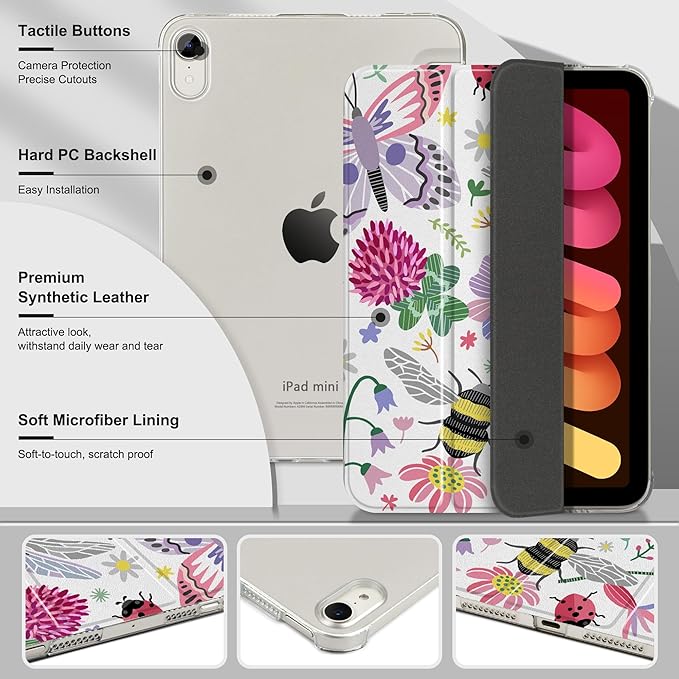 DONGKE for iPad mini 7 (A17 Pro) 2024 & iPad mini 6 2021 8.3 Inch, Slim Foldable Stand Hard PC Translucent Back Shell Smart Cover for iPad mini 7th/6th Generation [Auto Wake/Sleep] - Dragonfly
