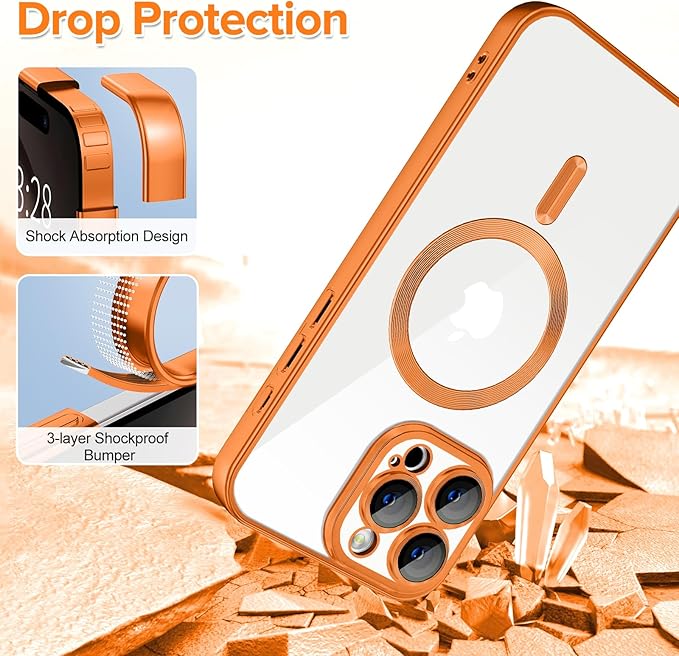 Hython Magnetic Clear for iPhone 16 Pro Case with Camera Lens Protector [Compatible with MagSafe] Luxury Plating Edge Slim Soft TPU Cover Protective Phone Case for iPhone 16 Pro 6.3", Matte Orange