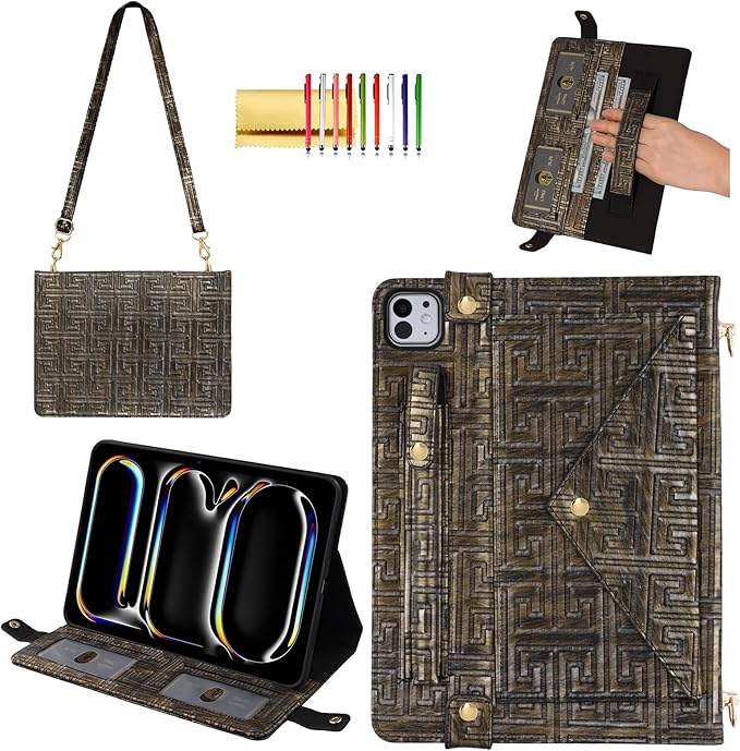 Handbag Case for iPad Pro 11" 2025 M5/2024 M4 - Techcircle Vintage Pattern Crossbody PU Leather Folio Envelope Pocket Stand Cover w/Hand Strap+Shoulder Strap+Pencil Holder+Card Slots, Retro Bronze