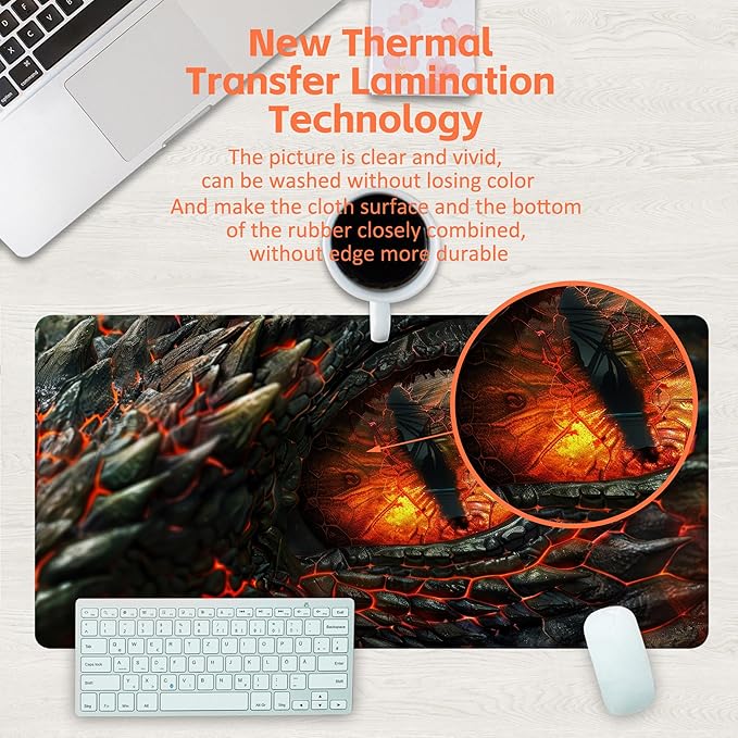 Desk Pad, Fire Dragon Eyes Gaming Mouse Pad, 31.5"x15.7" Extended Big Computer Keyboard Mouse Mat with Non-Slip Base and Stitched Edge