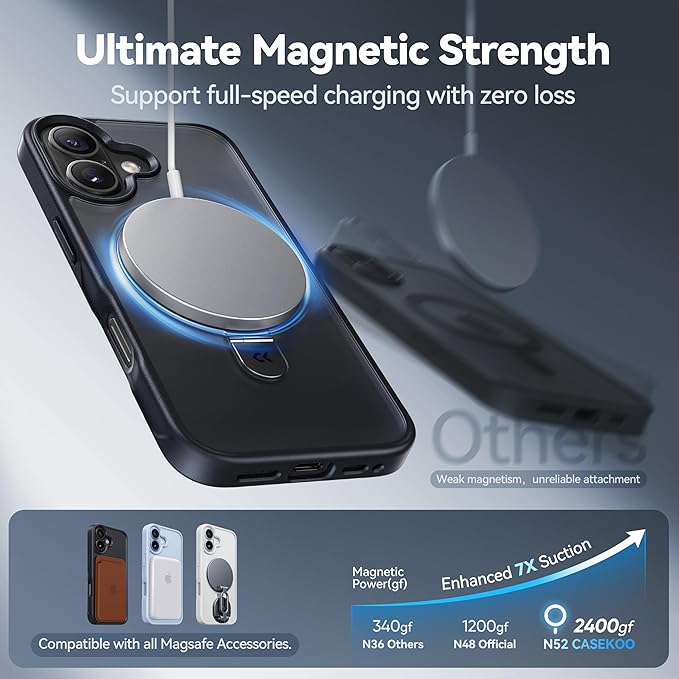 CASEKOO Ultra-Magnetic Stand for iPhone 17 Case [Military Drop Protection] [Compatible with MagSafe] Shockproof Translucent Slim Matte for iPhone 17 Phone Case with Ring Holder 6.3 Inch, Black