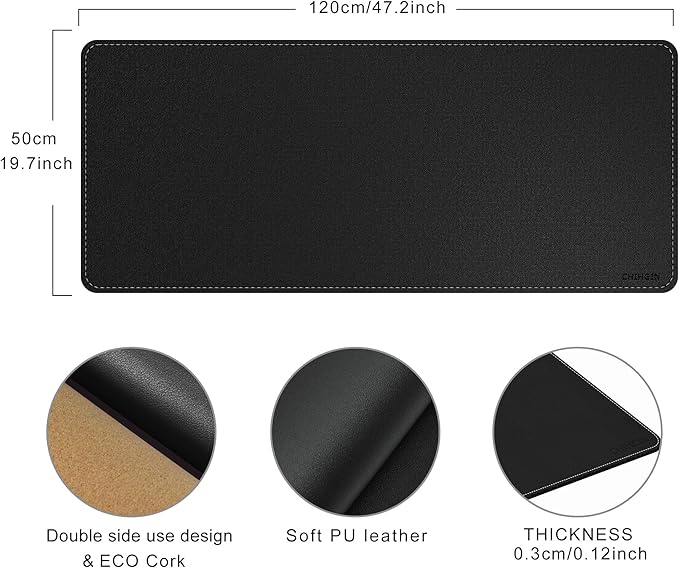 Chihein 47" x 20" 3XL Desk Mat with Cork & PU Leather, Dual Sided Desk Pad, Waterproof Computer Desk Mat for Gaming, Office, Home (Black)