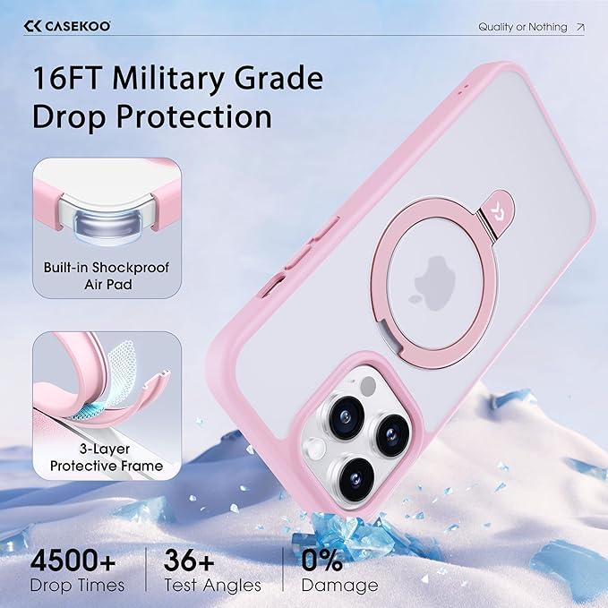 CASEKOO for iPhone 15 Pro Case with Magnetic Invisible Stand [Military Drop Protection] [Compatible with MagSafe] Shockproof Slim Translucent Matte Case 6.1 Inch, Pink, for Man/Woman