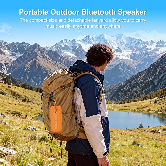 Shower Bluetooth Speaker, IPX7 Waterproof, 24W Deep Bass, TWS Stereo Pairing, 12H Playtime, Outdoor Speaker for Travel, Sport, Party, Camping (Orange)