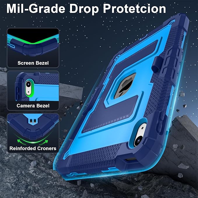 Kids Friendly Case for iPad A16 11th Generation 11 Inch 2025 / iPad 10th Generation 10.9" 2022 Case with Pencil Holder & Shoulder Strap, Hybrid iPad 11 10 Cover Rugged Shockproof Kickstand,Blue
