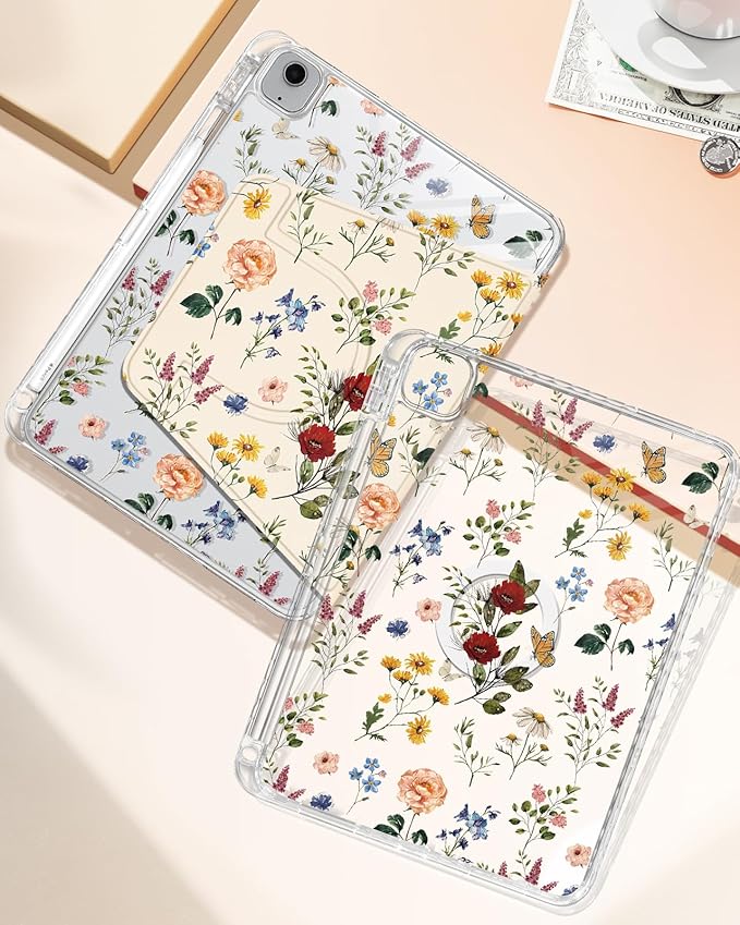 Shorogyt for iPad Air 11 Inch Case Air M4 2026, 8th Gen/M3 2025/M2/Air 5th Generation 2022/Air 4th Gen 2020/Pro 11 Inch Case Magnetic Stand for Women - Cute 360 Degree Rotating Covers Girls Flower