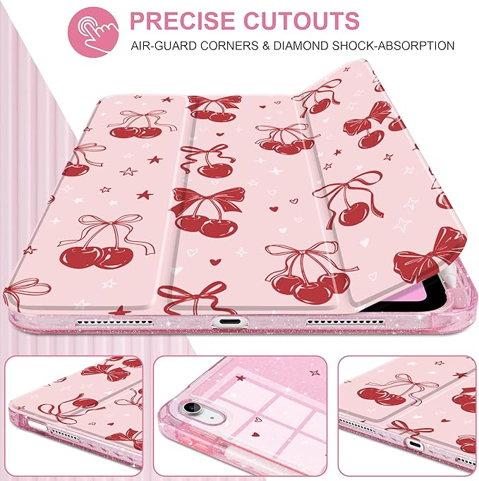DONGKE for iPad Pro 11 inch Case – Fits M5 2025 / M4 2024, Shockproof Sparkling Glitter Acrylic Back, Pencil Holder, Trifold Stand, Auto Sleep/Wake & Touch ID Support - Cherry & Bow
