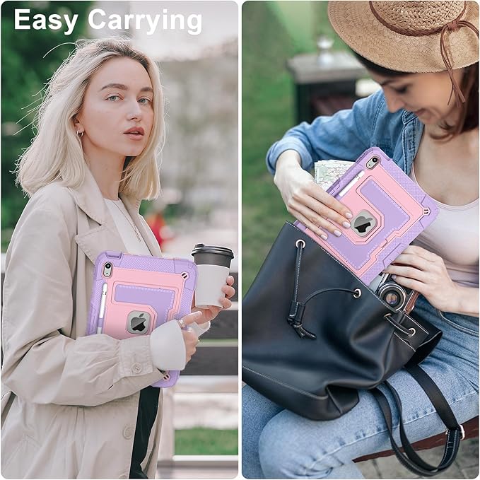 Kids Friendly Case for iPad A16 11th Generation 11 Inch 2025 / iPad 10th Generation 10.9" 2022 Case with Pencil Holder & Shoulder Strap, Hybrid iPad 11 10 Cover Rugged Shockproof Kickstand,Pink+Purple