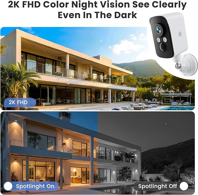 Security Camera Wireless Outdoor, 2.4G WiFi, Battery & Solar Powered, Magnetic, Free Human Detection, Free 7-Day Cloud/SD, Night Vision, Siren, 2-Way Talk, 2K, IP65