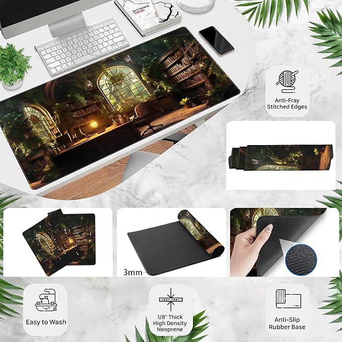 Large Desk Mouse Pad Enchanted Library Desk Mat, Extended Gaming Mouse Mat, Office Home Keyboard Pad, Magical Forest Computer Mats XXL, Full Desktop Mat Aesthetic PC Accessories 31.5" x 15.75"