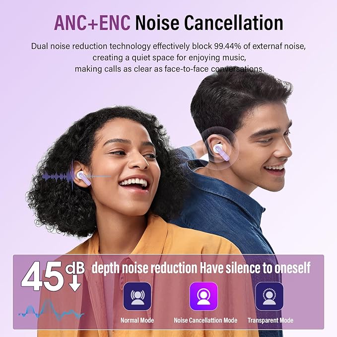 Thunelec Wireless Earbuds, Bluetooth 5.4 Headphones with Multifunctional Touch Screen, 48H Bass Stereo Ear Buds with ANC/ENC Noise Cancelling/Transparency Mode, IPX7 Earphones with 5 EQ Modes, Purple