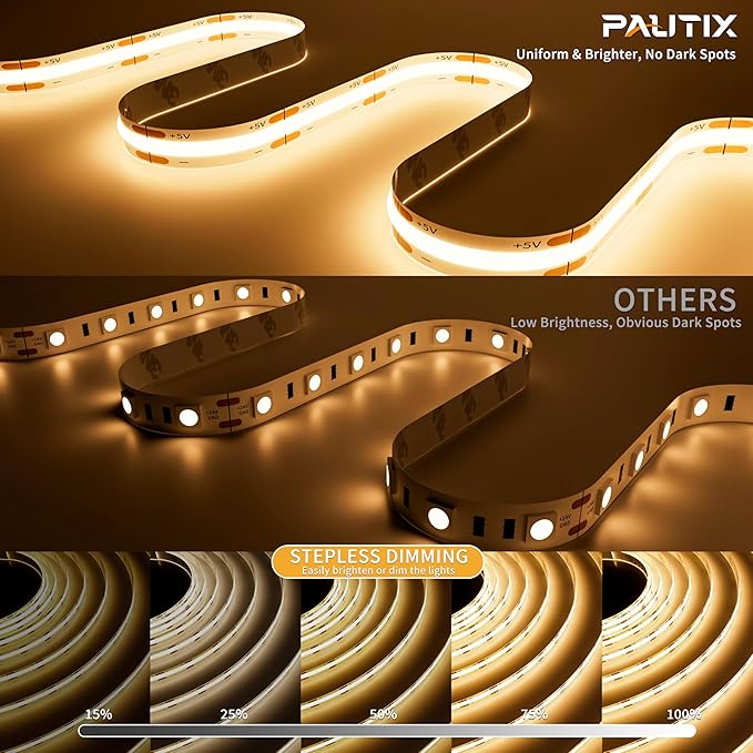 PAUTIX 5V USB COB LED Strip Lights UL-Listed Dotless LED Lights with RF Remote,6.56ft Dimmable 3000K Warm White TV Backlight,Flexible Under Cabinet Tape Lights for Bedroom,Kitchen,Shelves Lighting