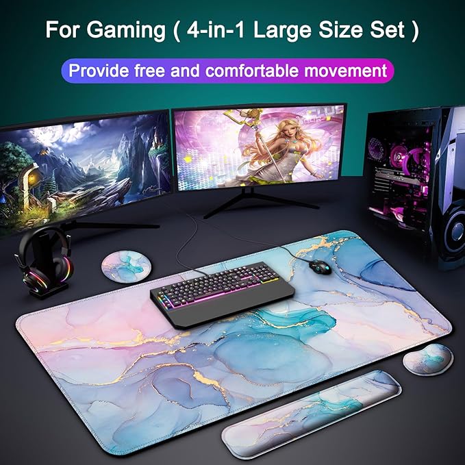 Keyboard Wrist Rest + Mouse Pad with Wrist Support + Desk Mat + Coaster 4 in 1 Set, XXL Large Gaming Mousepad Cute Ergonomic Mouse Pads for Desk Computer Laptop Office Decor-Blue Gold Marble