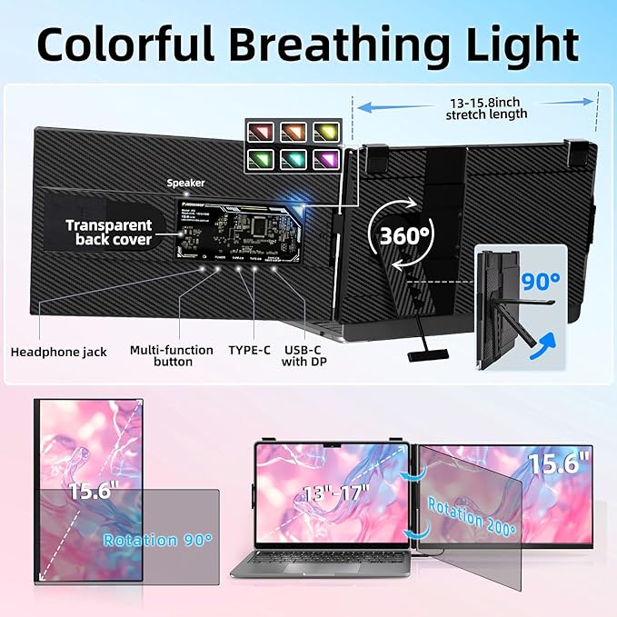 Laptop Screen Extender Dual Monitor - 15.6" Portable Monitor Detachable IPS 1080P FHD 85% NTSC Travel Screen USB-C HDMI Port Compatible with Wins Mac Chrome Dex Fits 13-17" Laptops