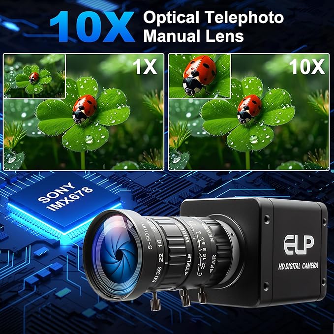 4K HDMI USB3.0 Simultaneous Output Camera H.264 High Speed 60fps Low Illumination Color Lightburn Webcam, 5-50mm 10X Zoom Manual Lens Plug & Play for Windows Linux Android Live Streaming