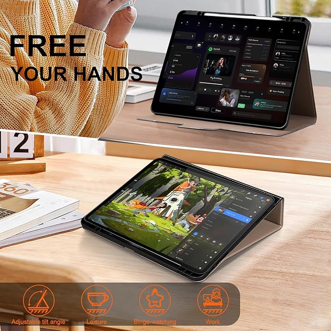 for iPad Pro 13 inch Case (M4) 2024 Release, Premium Leather Folio Cover with Auto Wake/Sleep, Apple Pencil Holder, Multi-Angle Stand & Secure Buckle Closure - Black