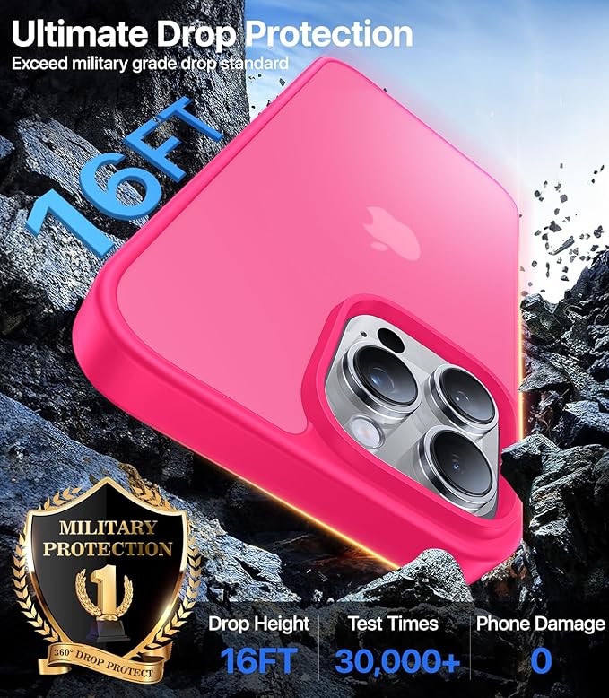 for iPhone 16 Pro Case, [Military-Grade Drop Protection][Anti-Yellowing] Shockproof Protective Translucent Matte Cover for iPhone 16 Pro Phone Case,Hot Pink