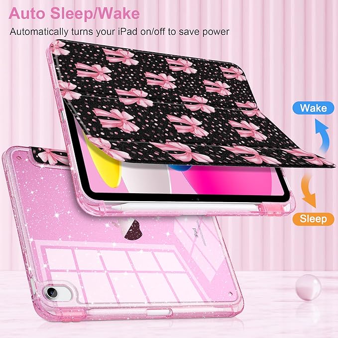 DONGKE for iPad Pro 11 inch Case – Fits M5 2025 / M4 2024, Shockproof Sparkling Glitter Acrylic Back, Pencil Holder, Trifold Stand, Auto Sleep/Wake & Touch ID Support - Pink Bows