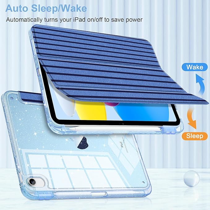 DONGKE for iPad Pro 11 inch Case – Fits M5 2025 / M4 2024, Shockproof Sparkling Glitter Acrylic Back, Pencil Holder, Trifold Stand, Auto Sleep/Wake & Touch ID Support - Dark Blue Stripes