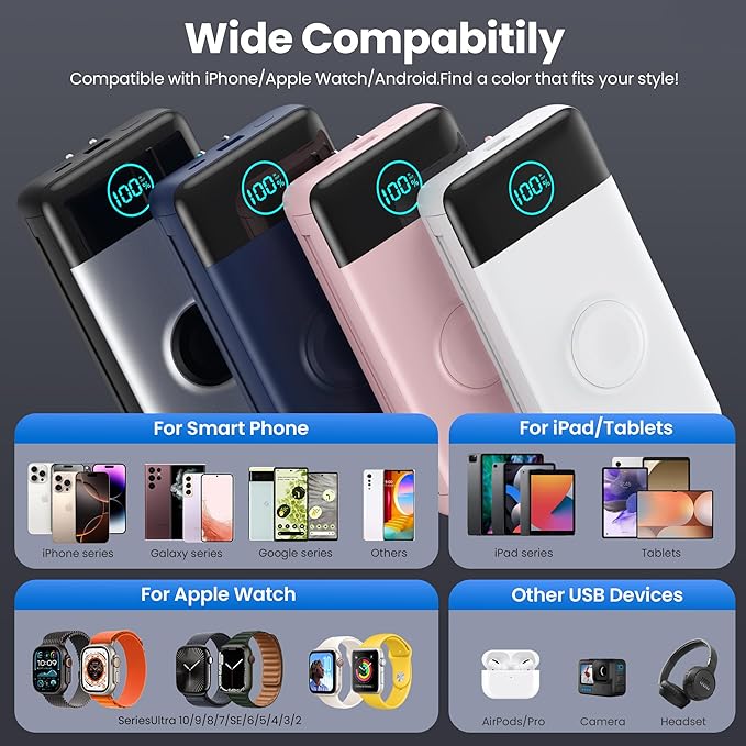 Portable Charger for iPhone, 40800mAh Power Bank with Built-in Cables & AC Wall Plug, All in One 5 Outputs USB C Fast Charging External Battery Pack for iPhone 17/16/15/14, Android, Travel Essential